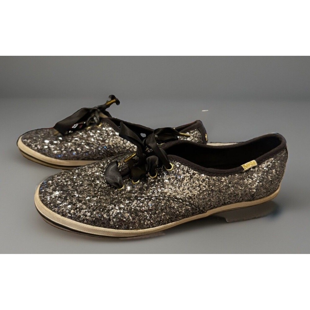 EUC Keds Kate Spade New York Pewter Gray Glitter Sparkly Lace Up Sneakers W6.5